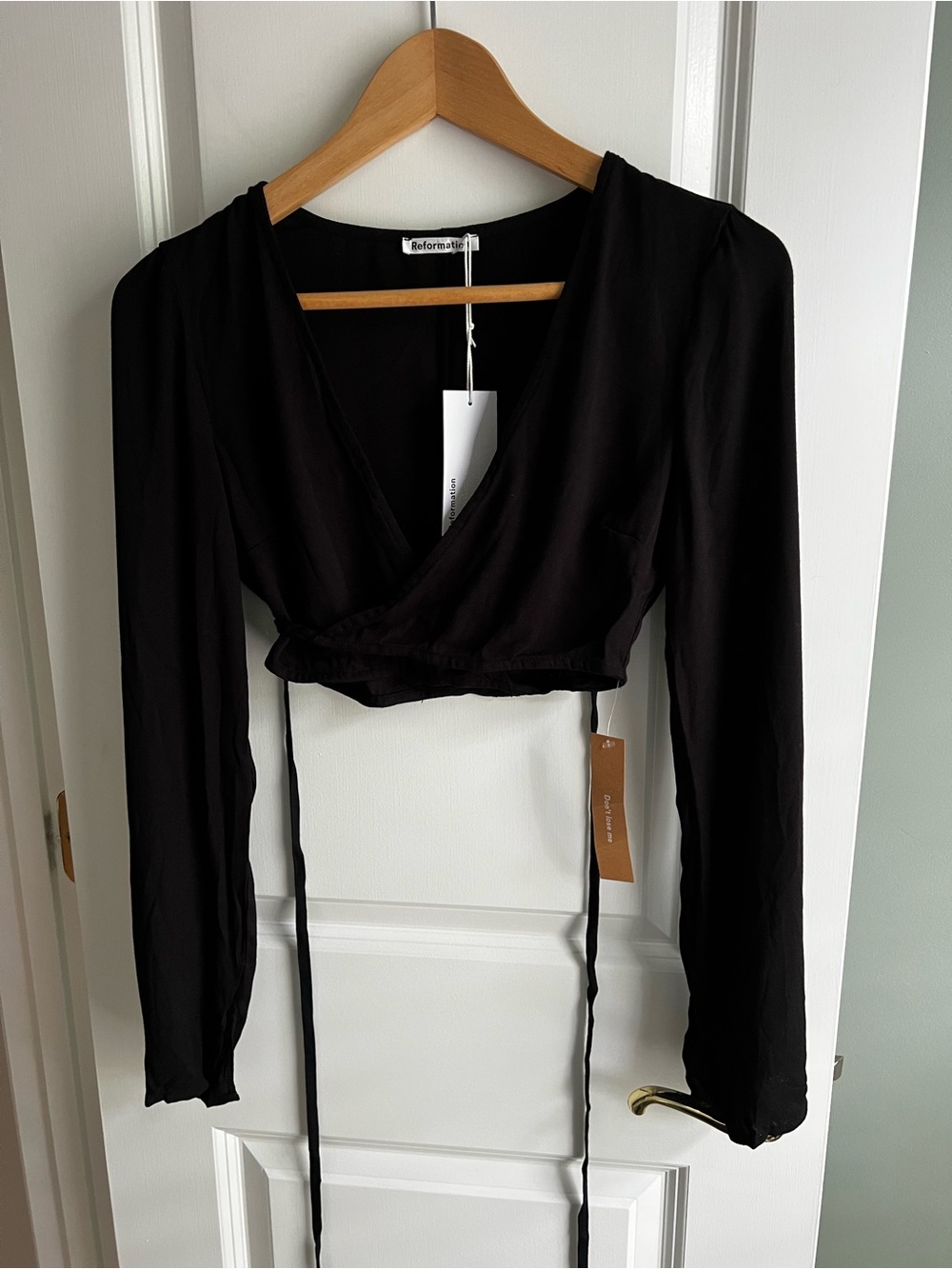 Reformation Black Long-Sleeve Wrap Tie Ginger Crop Top Size 0